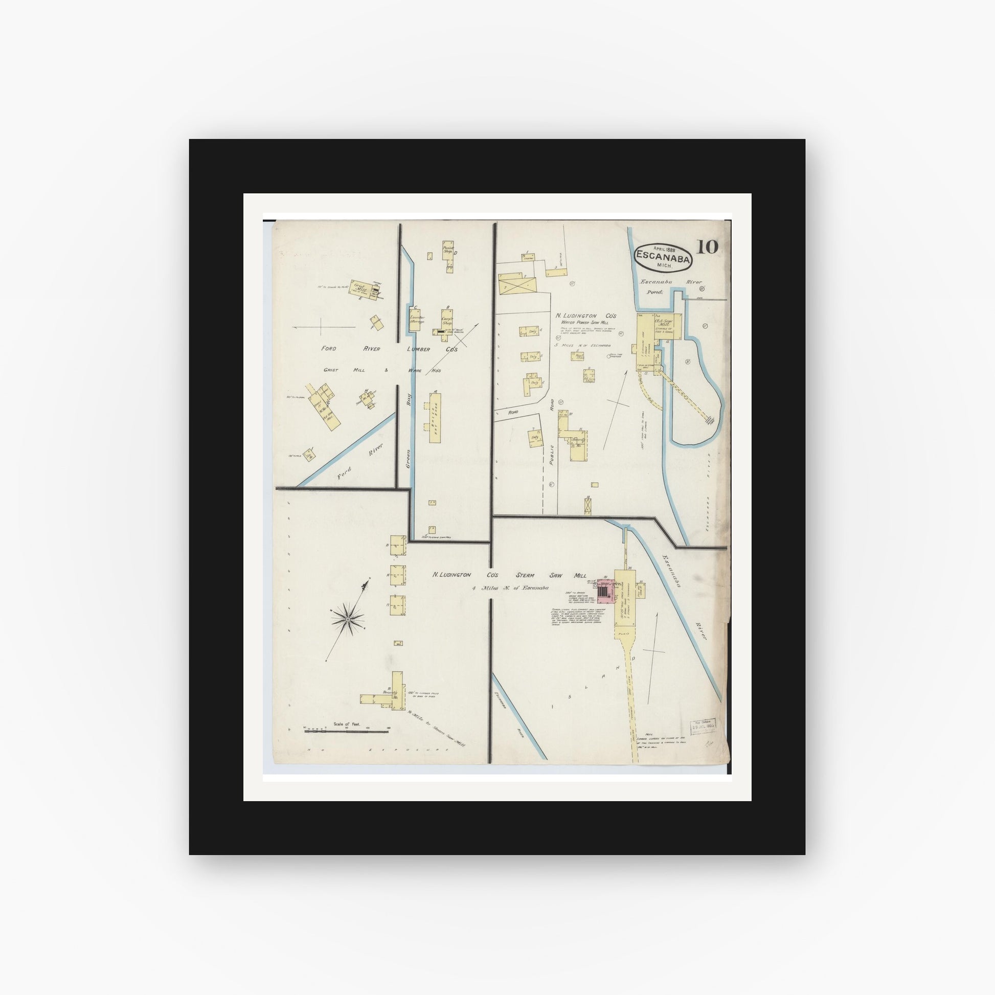 Old map wall art mockup — black gallery frame with white mat — Sanborn Fire Insurance Map from Escanaba, Delta County, Michigan (1888), Sheet #0010