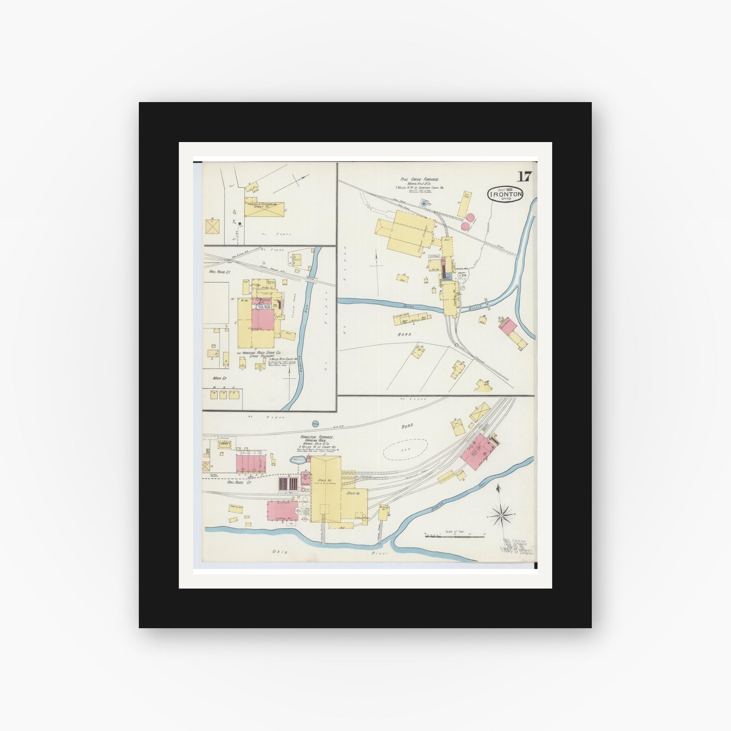 Old map wall art mockup — black gallery frame with white mat — Sanborn Fire Insurance Map from Ironton, Lawrence County, Ohio (1893), Sheet #0017