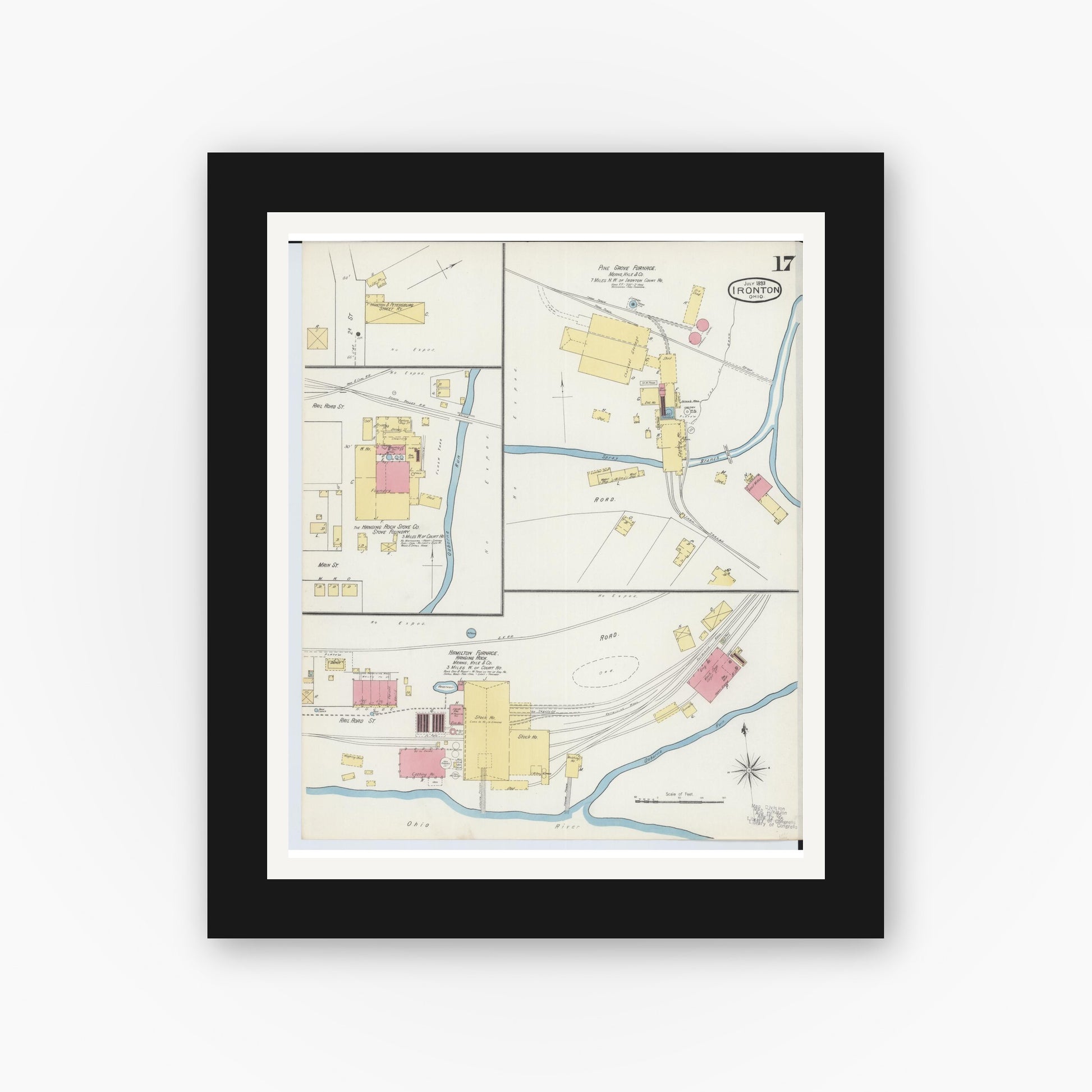 Old map wall art mockup — black gallery frame with white mat — Sanborn Fire Insurance Map from Ironton, Lawrence County, Ohio (1893), Sheet #0017