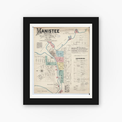 Old map wall art mockup — black gallery frame with white mat — Sanborn Fire Insurance Map from Manistee, Manistee County, Michigan (1883) - Complete Map Set