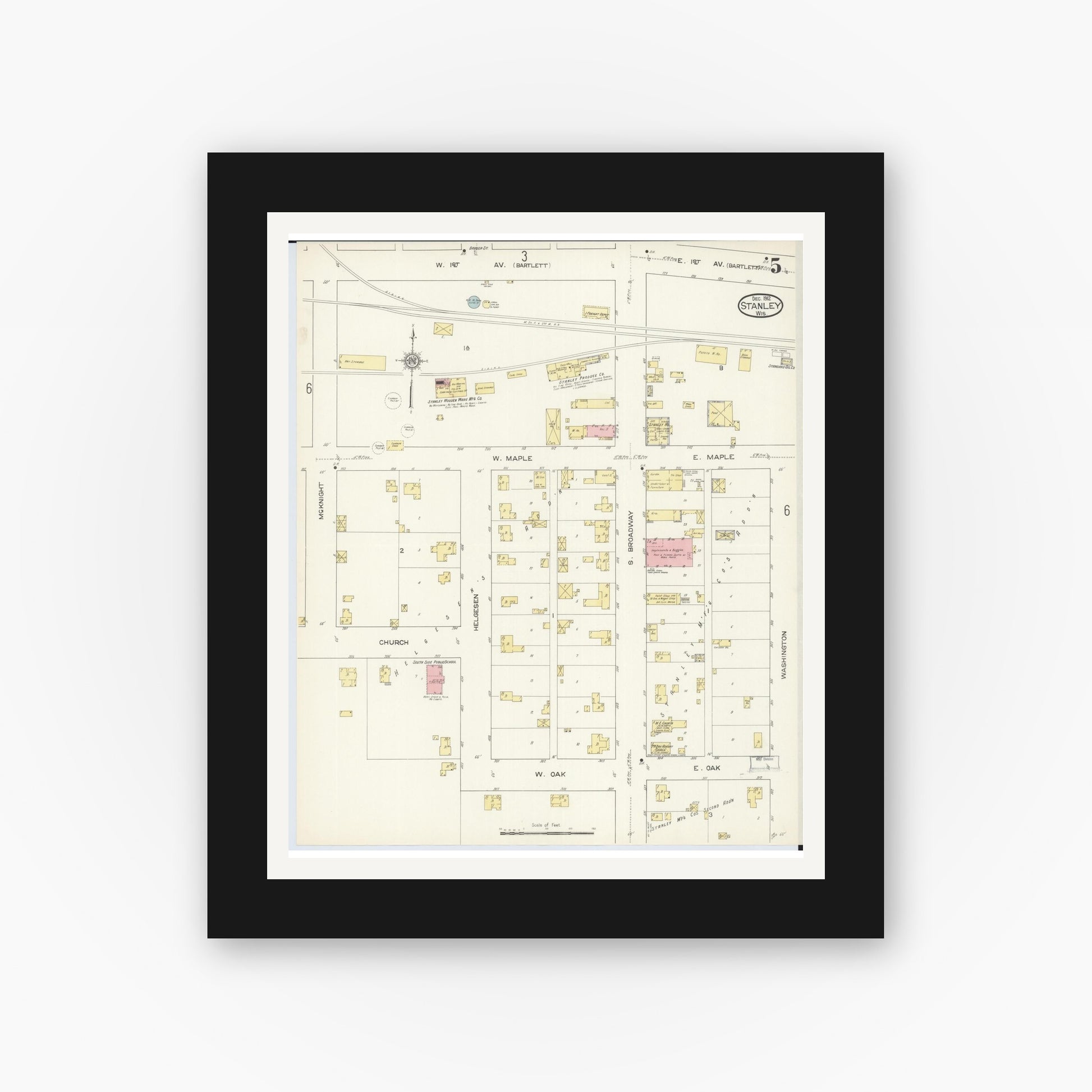Old map wall art mockup — black gallery frame with white mat — Sanborn Fire Insurance Map from Stanley, Chippewa County, Wisconsin (1912), Sheet #0005