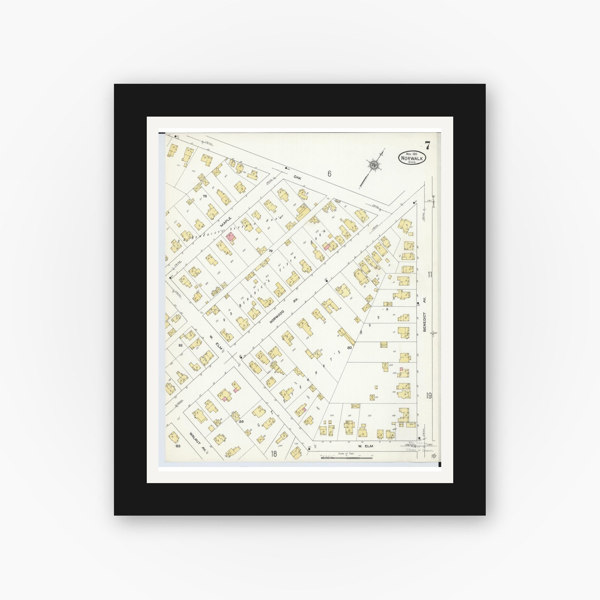 Old map wall art mockup — black gallery frame with white mat — Sanborn Fire Insurance Map from Norwalk, Huron County, Ohio (1911), Sheet #0007