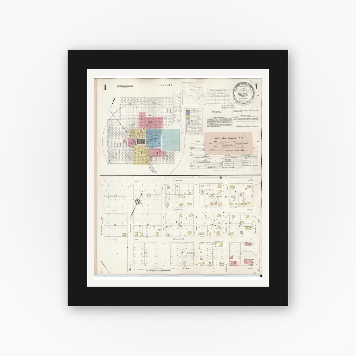 Old map wall art mockup — black gallery frame with white mat — Sanborn Fire Insurance Map from Rotan, Fisher County, Texas (1940) - Complete Map Set