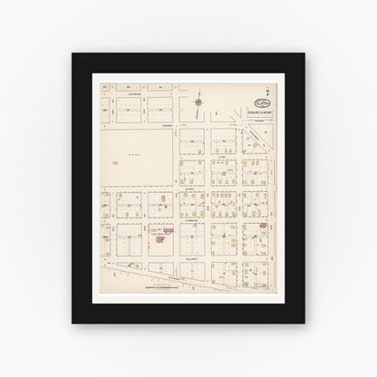 Old map wall art mockup — black gallery frame with white mat — Sanborn Fire Insurance Map from Slaton, Lubbock County, Texas (1922), Sheet #0007