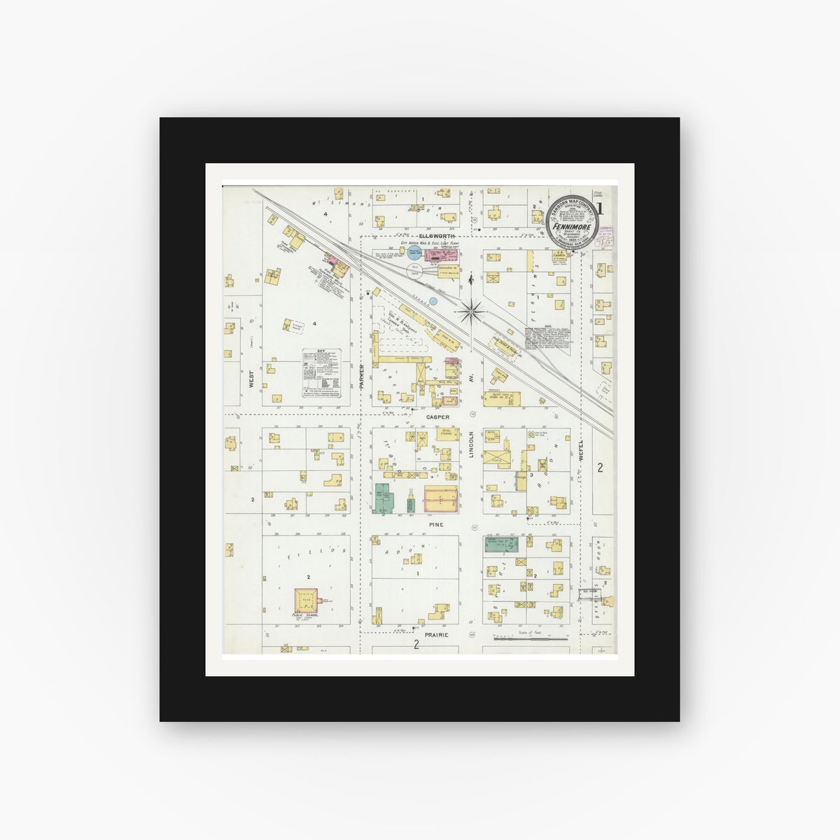 Old map wall art mockup — black gallery frame with white mat — Sanborn Fire Insurance Map from Fennimore, Grant County, Wisconsin (1905), Sheet #0001