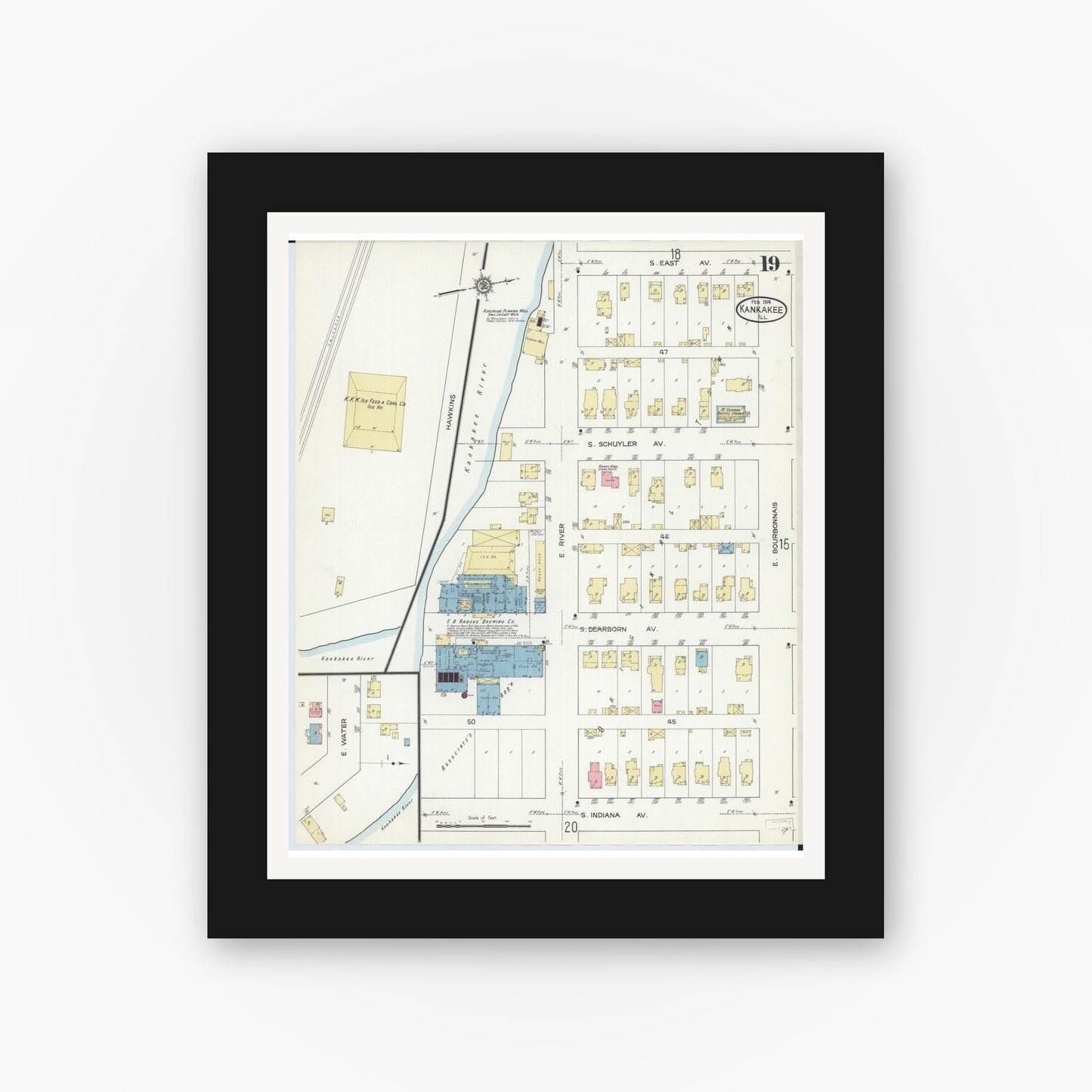 Old map wall art mockup — black gallery frame with white mat — Sanborn Fire Insurance Map from Kankakee, Kankakee County, Illinois (1914), Sheet #0019