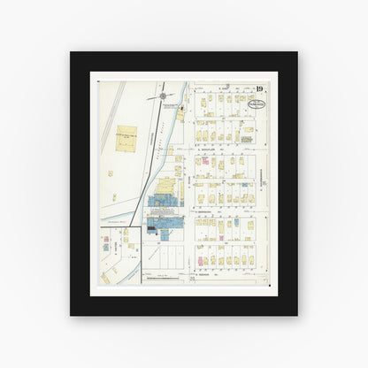 Old map wall art mockup — black gallery frame with white mat — Sanborn Fire Insurance Map from Kankakee, Kankakee County, Illinois (1914), Sheet #0019