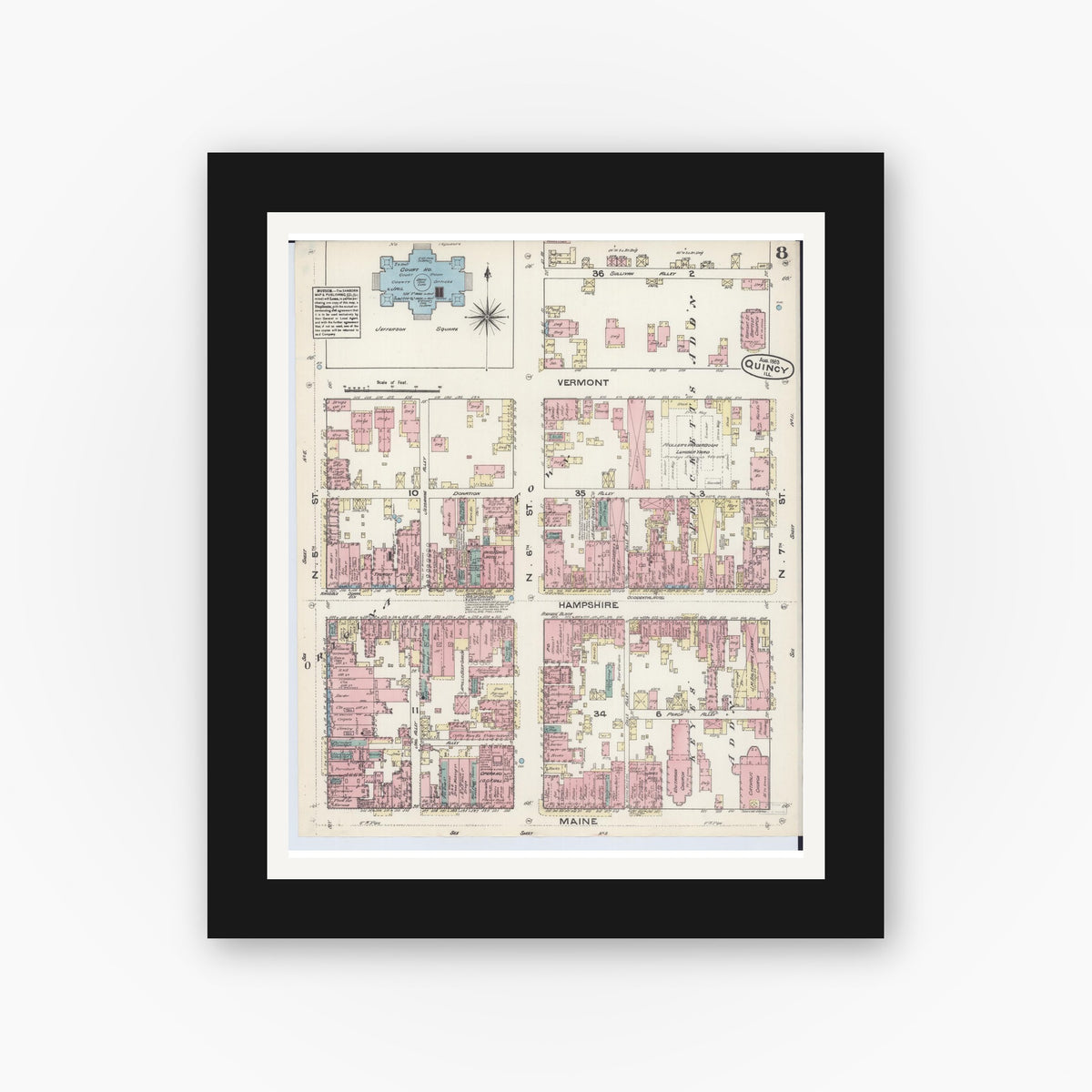 Old map wall art mockup — black gallery frame with white mat — Sanborn Fire Insurance Map from Quincy, Adams County, Illinois (1883), Sheet #0008