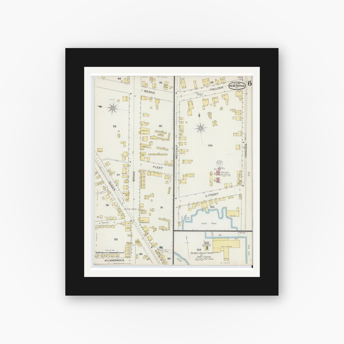 Old map wall art mockup — black gallery frame with white mat — Sanborn Fire Insurance Map from New Bern, Craven County, North Carolina (1893), Sheet #0006