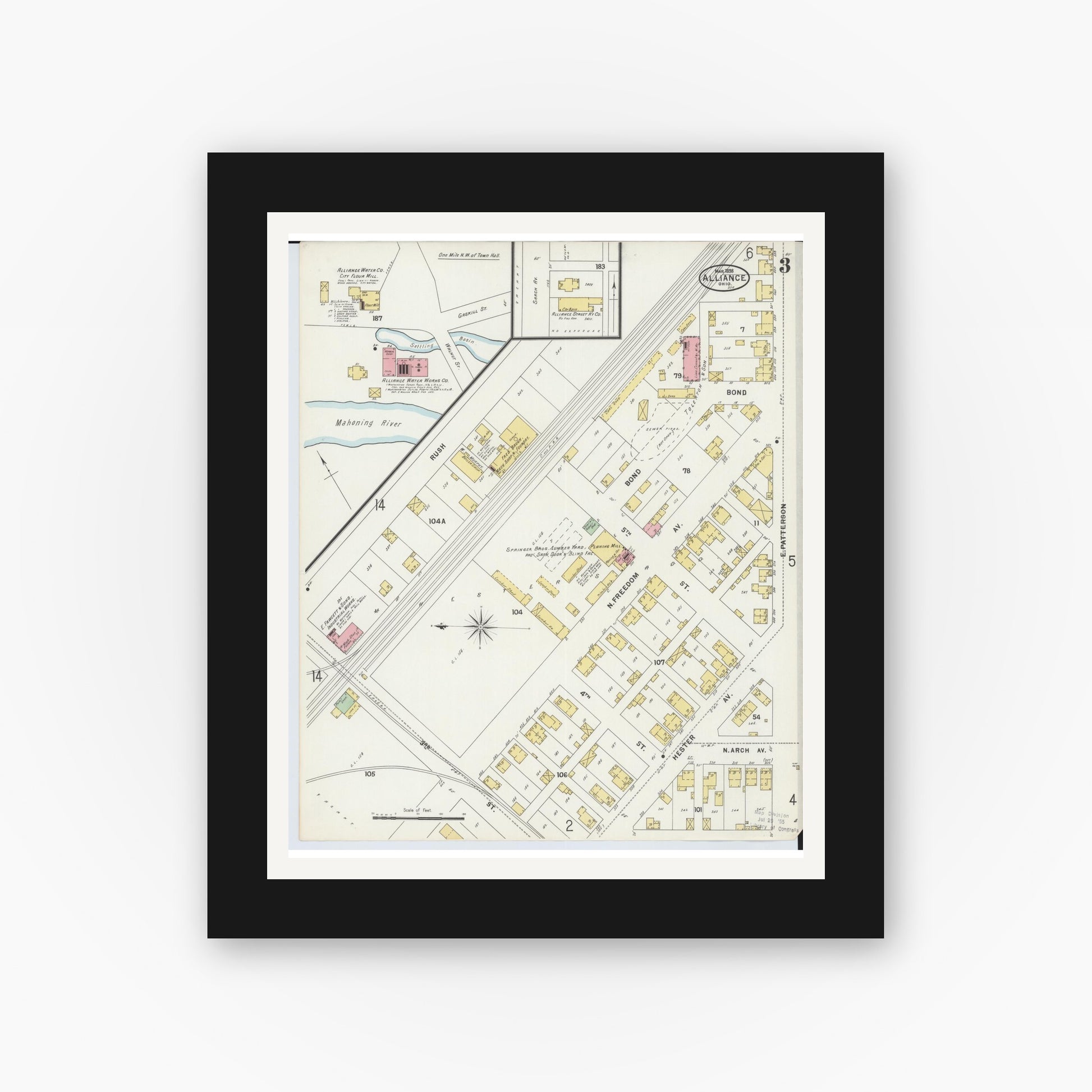Old map wall art mockup — black gallery frame with white mat — Sanborn Fire Insurance Map from Alliance, Stark County, Ohio (1898), Sheet #0003