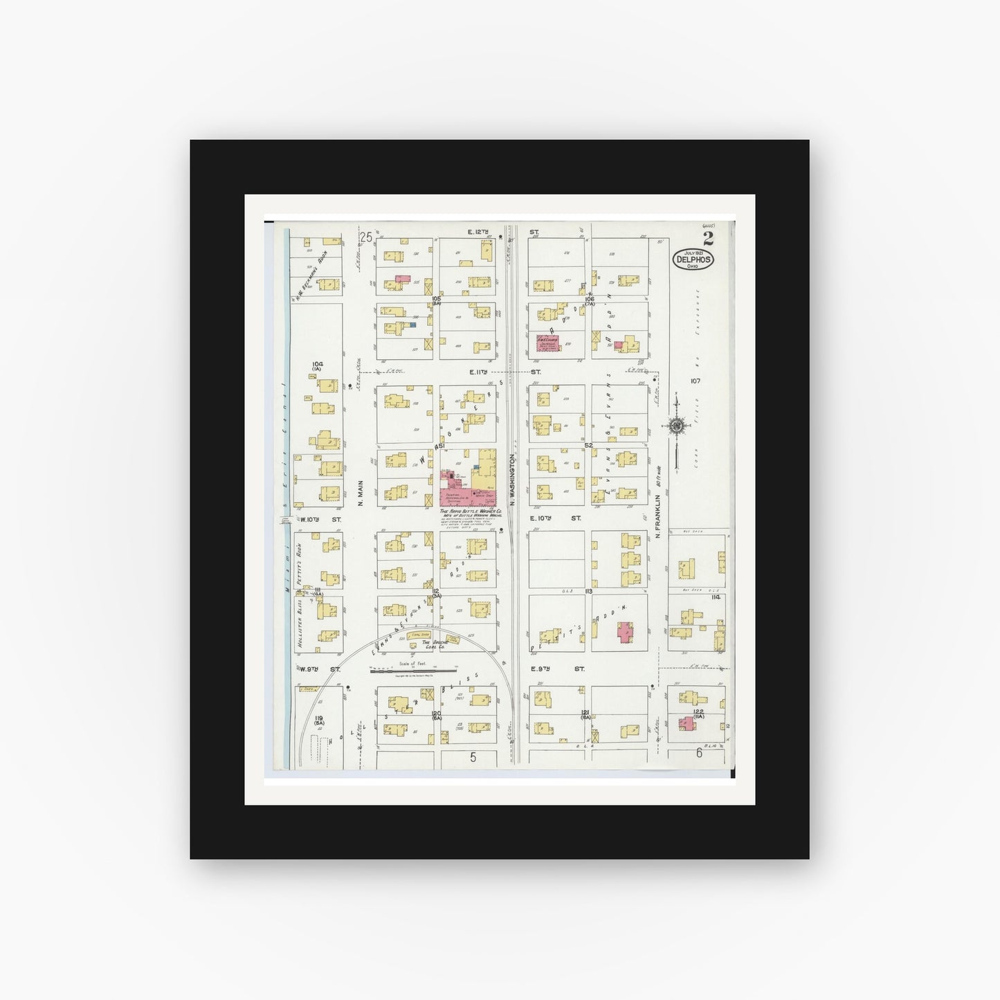 Old map wall art mockup — black gallery frame with white mat — Sanborn Fire Insurance Map from Delphos, Van Wert And Allen Counties, Ohio (1921), Sheet #0002