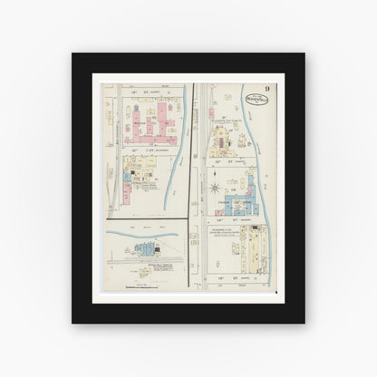 Old map wall art mockup — black gallery frame with white mat — Sanborn Fire Insurance Map from Beaver Falls, Beaver County, Pennsylvania (1886), Sheet #0009