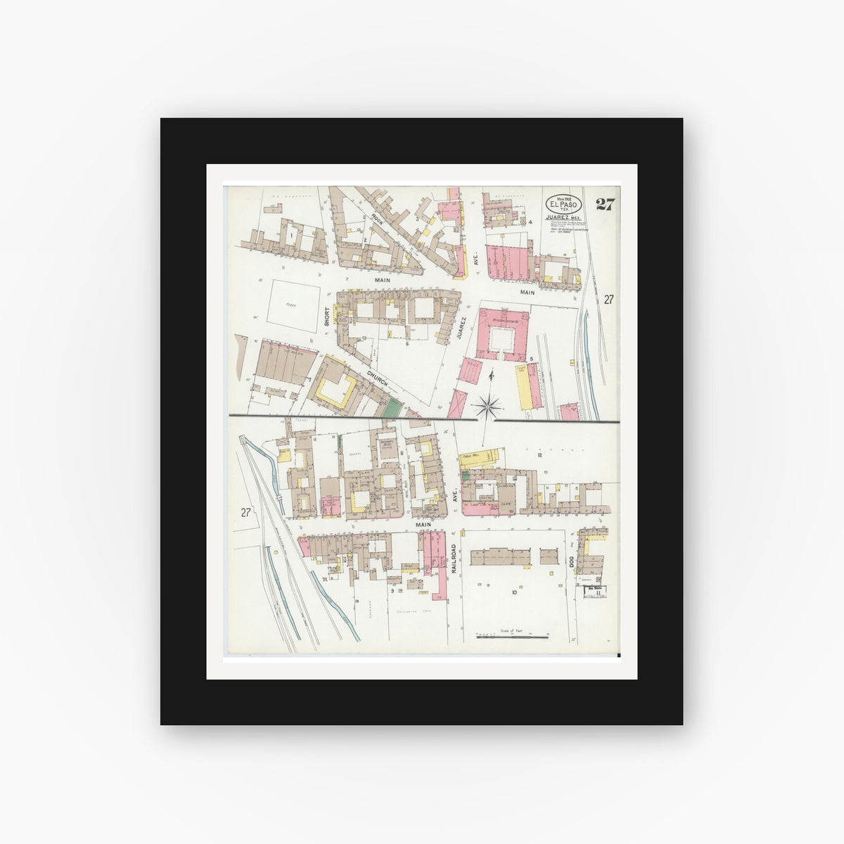 Old map wall art mockup — black gallery frame with white mat — Sanborn Fire Insurance Map from El Paso, El Paso County, Texas (1902), Sheet #0027