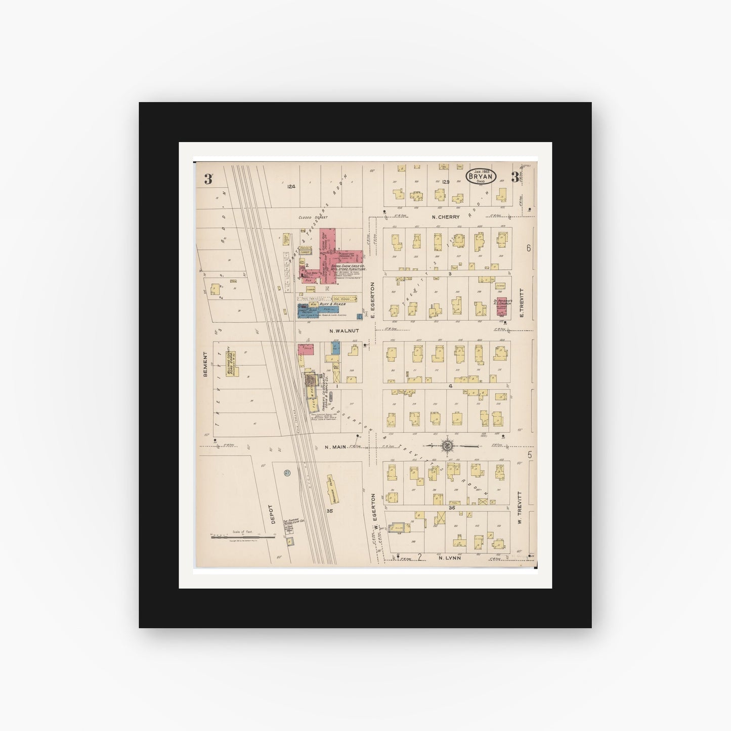 Old map wall art mockup — black gallery frame with white mat — Sanborn Fire Insurance Map from Bryan, Williams County, Ohio (1923), Sheet #0003