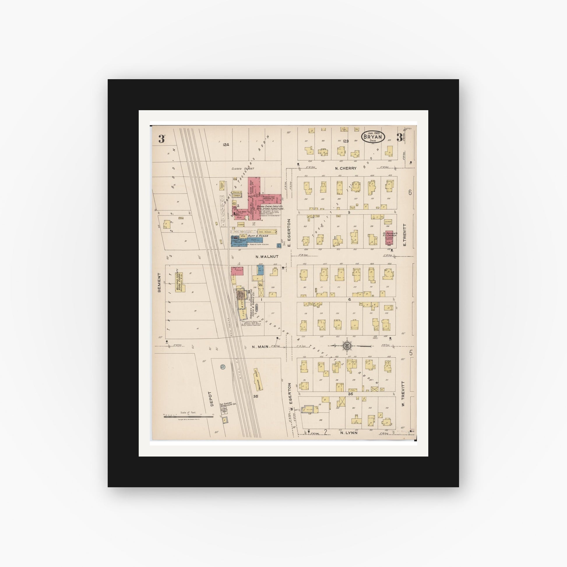 Old map wall art mockup — black gallery frame with white mat — Sanborn Fire Insurance Map from Bryan, Williams County, Ohio (1923), Sheet #0003