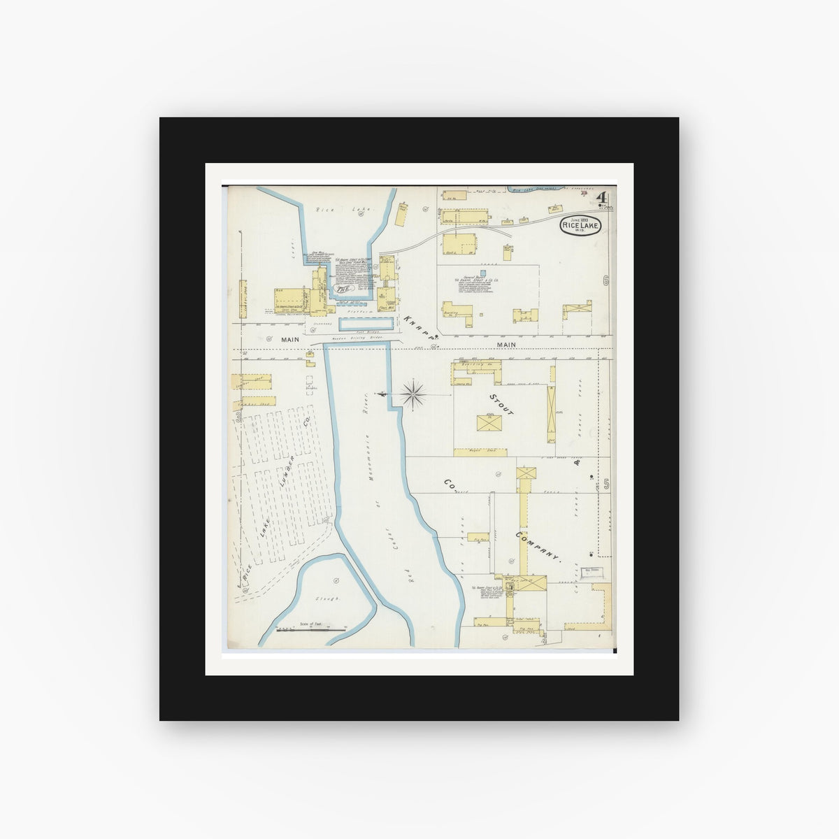 Old map wall art mockup — black gallery frame with white mat — Sanborn Fire Insurance Map from Rice Lake, Barron County, Wisconsin (1893), Sheet #0004