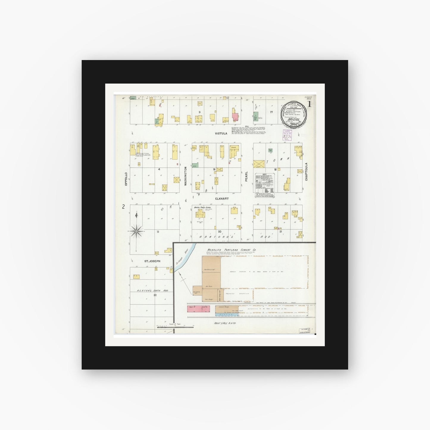 Old map wall art mockup — black gallery frame with white mat — Sanborn Fire Insurance Map from Bristol, Elkhart County, Indiana (1901) - Complete Map Set