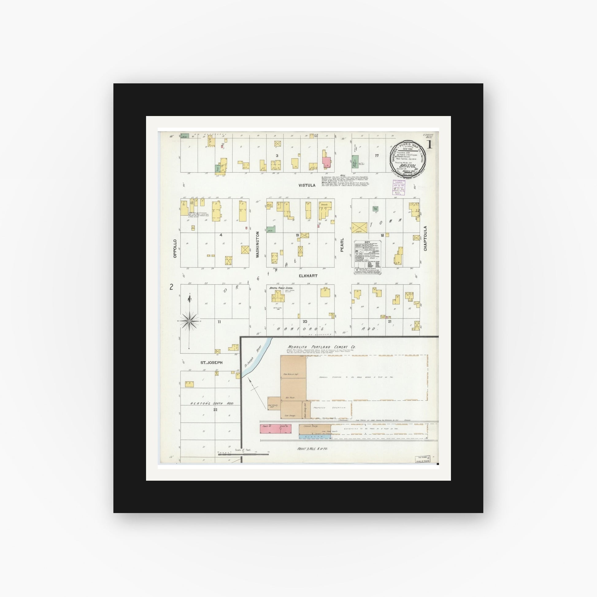 Old map wall art mockup — black gallery frame with white mat — Sanborn Fire Insurance Map from Bristol, Elkhart County, Indiana (1901) - Complete Map Set