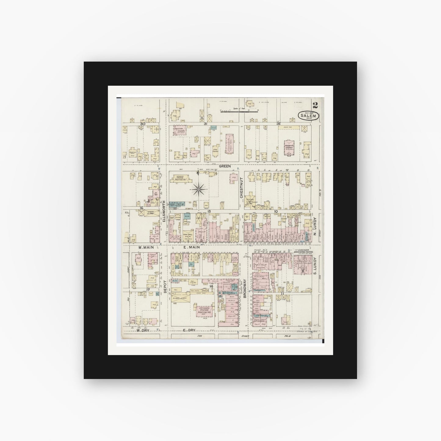 Old map wall art mockup — black gallery frame with white mat — Sanborn Fire Insurance Map from Salem, Columbiana County, Ohio (1887), Sheet #0002