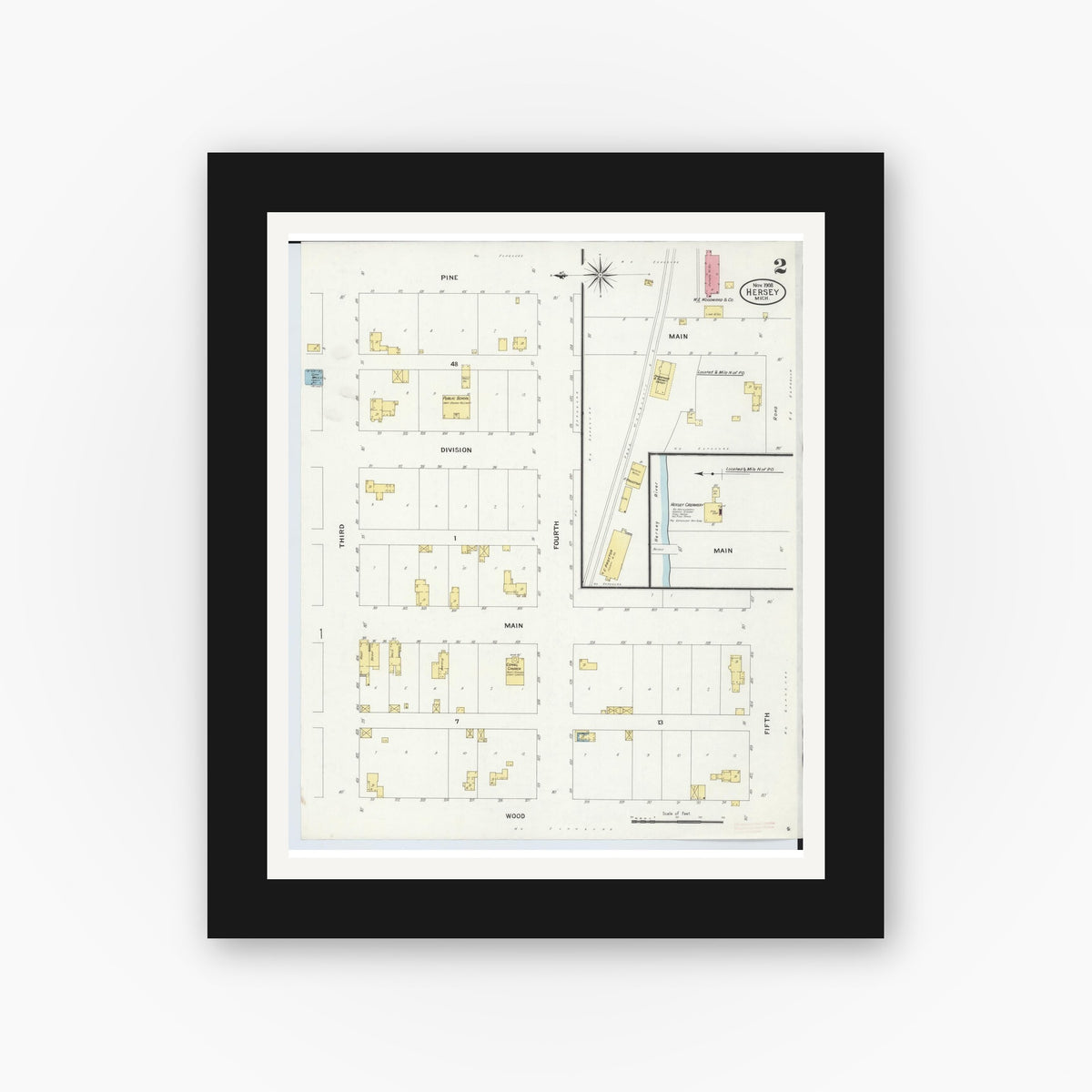 Old map wall art mockup — black gallery frame with white mat — Sanborn Fire Insurance Map from Hersey, Osceola County, Michigan (1908), Sheet #0002