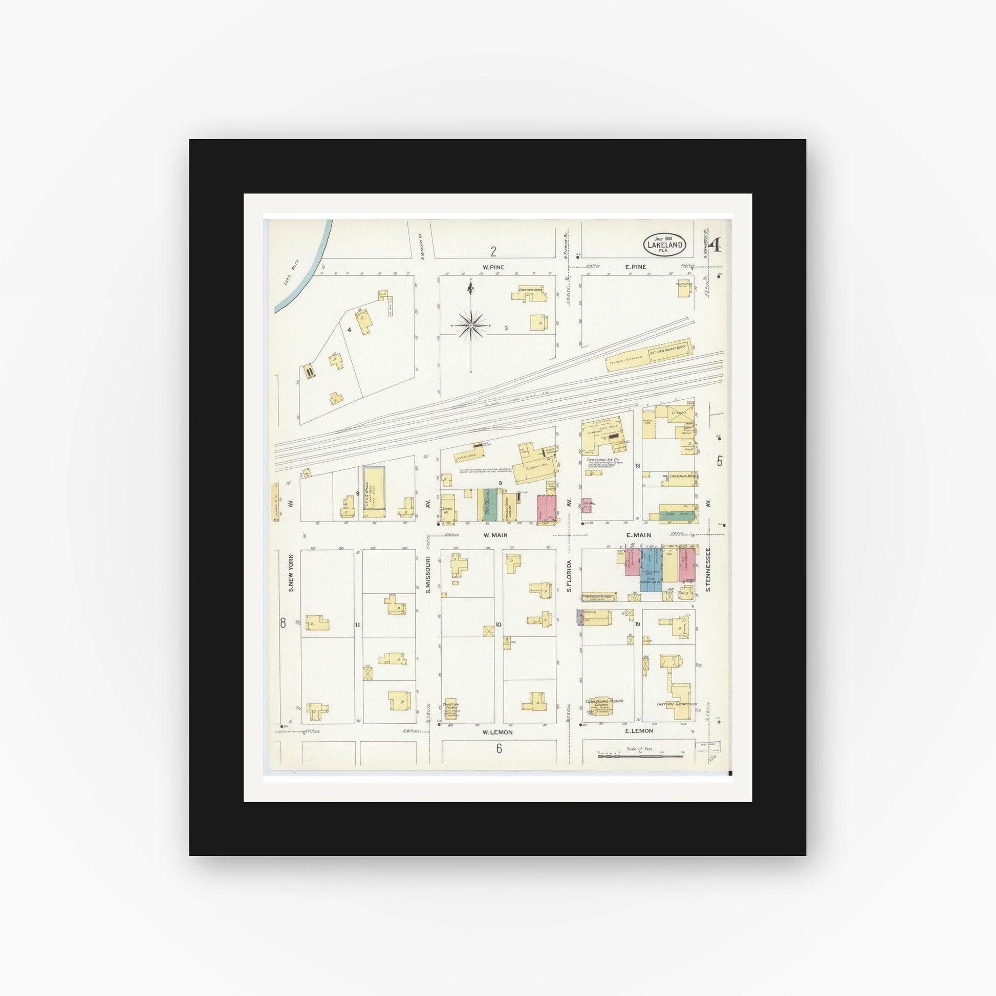Old map wall art mockup — black gallery frame with white mat — Sanborn Fire Insurance Map from Lakeland, Polk County, Florida (1908), Sheet #0004