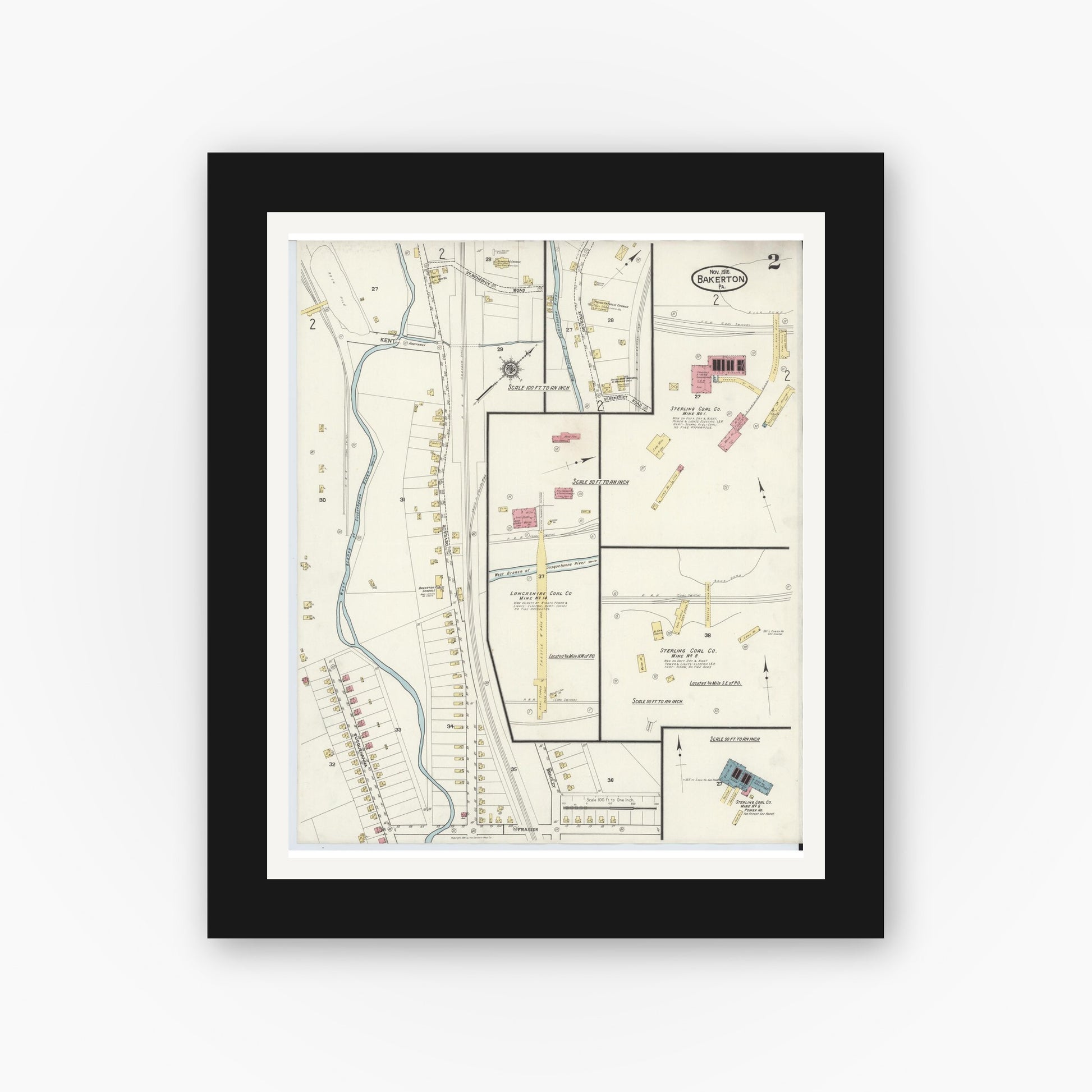 Old map wall art mockup — black gallery frame with white mat — Sanborn Fire Insurance Map from Bakerton, Cambria County, Pennsylvania (1916), Sheet #0002