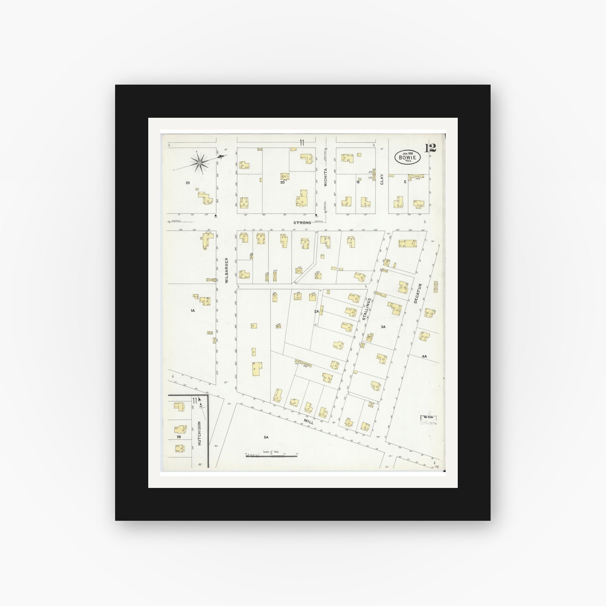 Old map wall art mockup — black gallery frame with white mat — Sanborn Fire Insurance Map from Bowie, Montague County, Texas (1908), Sheet #0012