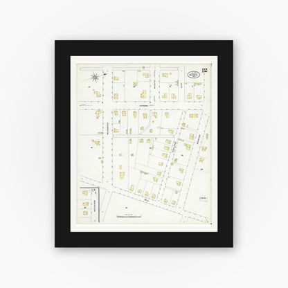 Old map wall art mockup — black gallery frame with white mat — Sanborn Fire Insurance Map from Bowie, Montague County, Texas (1908), Sheet #0012