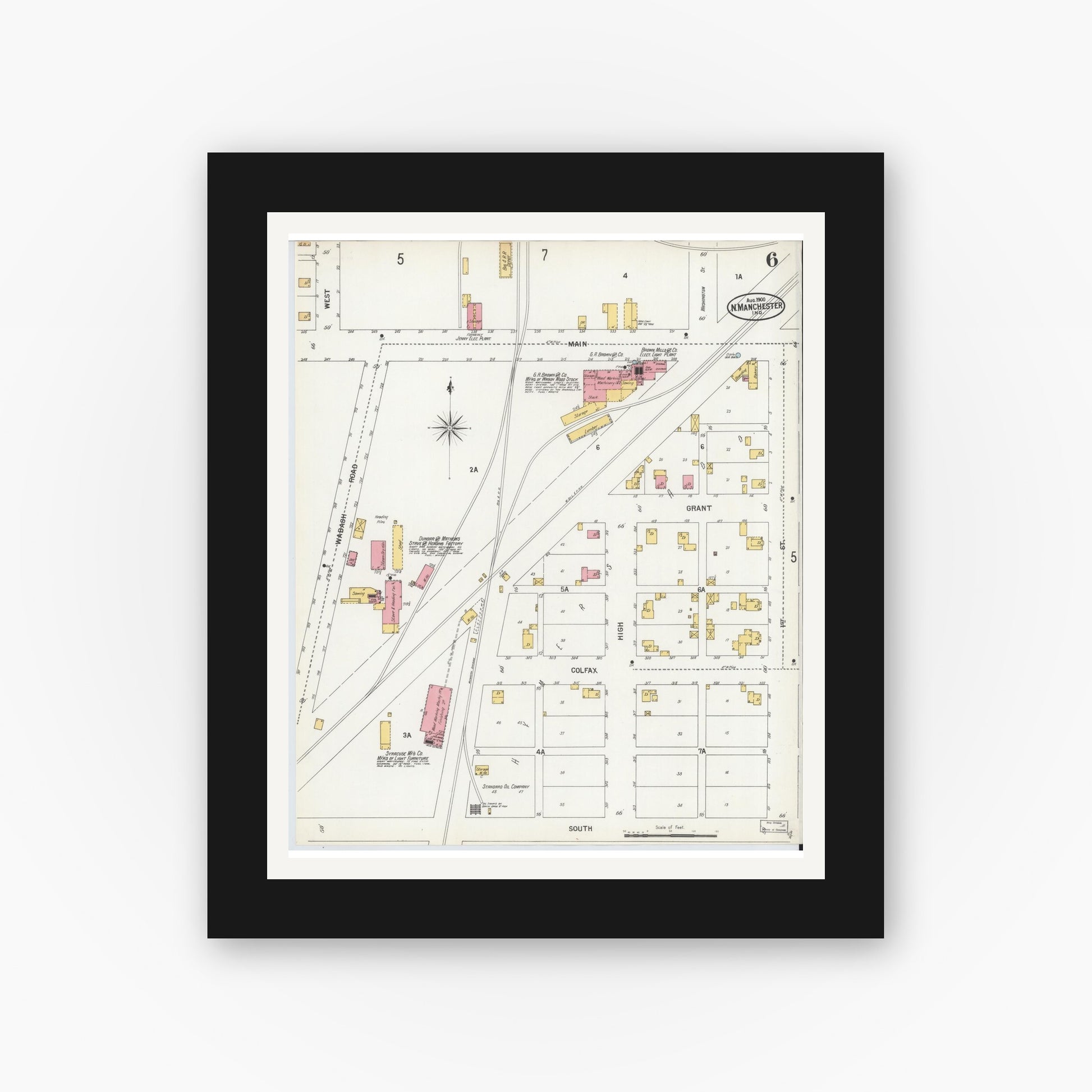 Old map wall art mockup — black gallery frame with white mat — Sanborn Fire Insurance Map from North Manchester, Wabash County, Indiana (1900), Sheet #0006