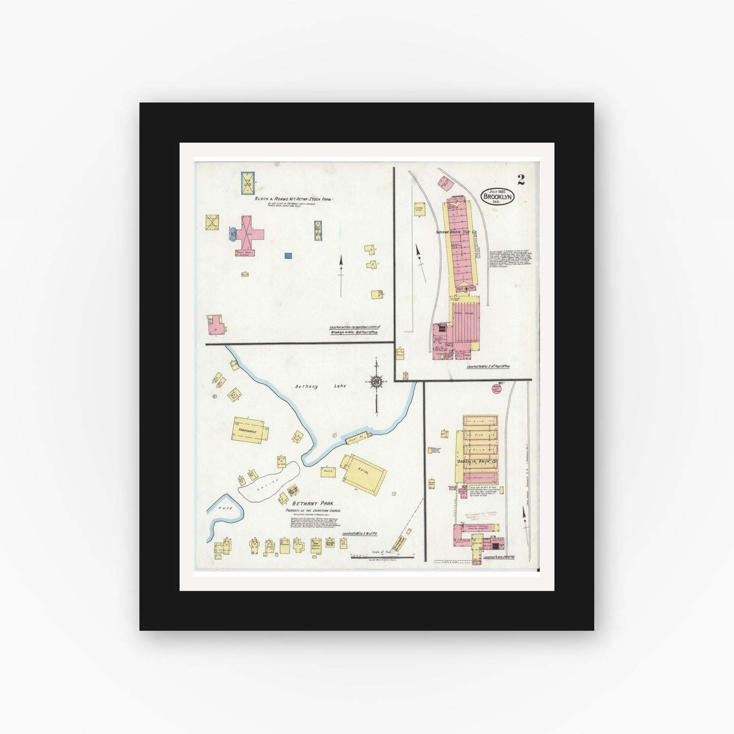 Old map wall art mockup — black gallery frame with white mat — Sanborn Fire Insurance Map from Brooklyn, Morgan County, Indiana (1920), Sheet #0002