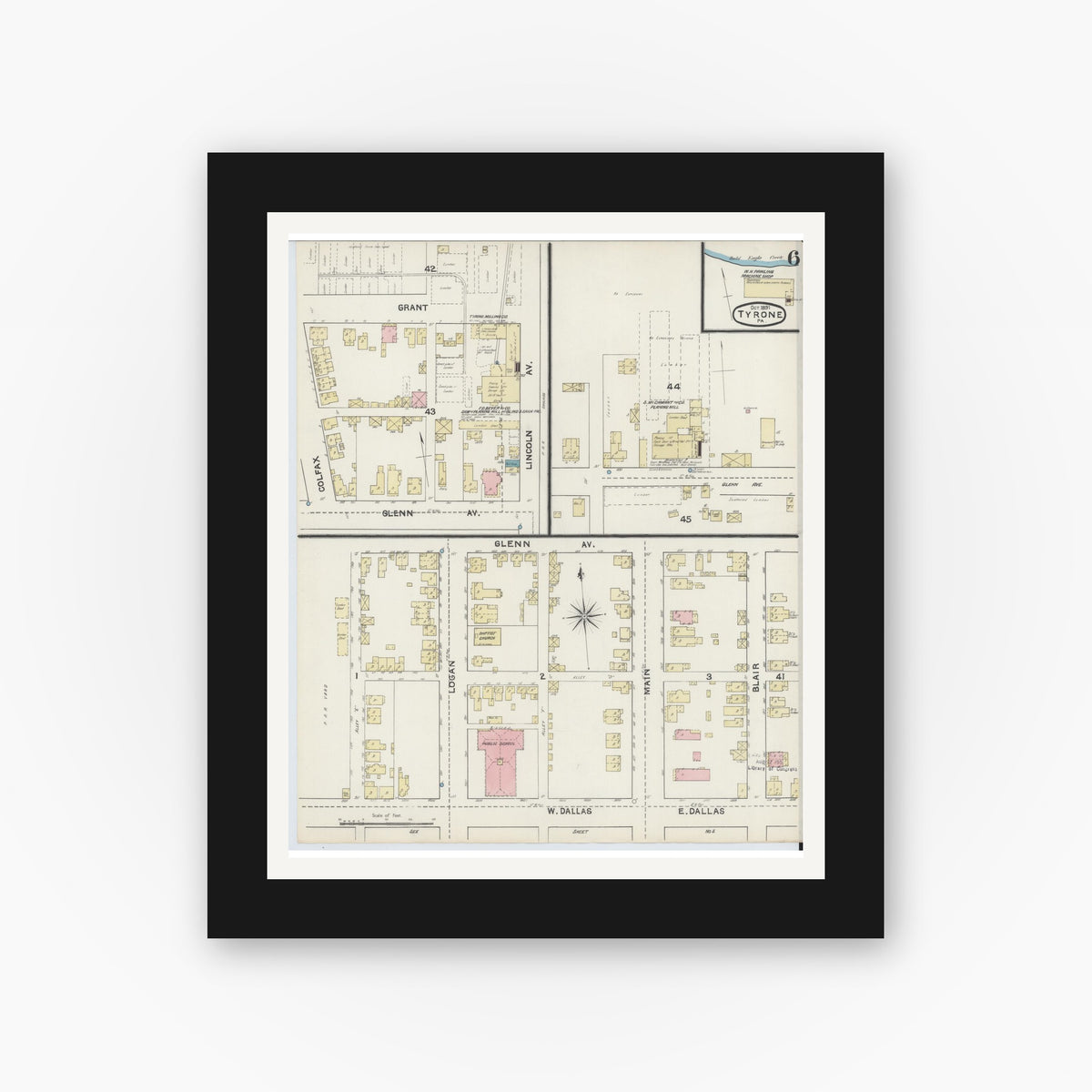 Old map wall art mockup — black gallery frame with white mat — Sanborn Fire Insurance Map from Tyrone, Blair County, Pennsylvania (1891), Sheet #0006