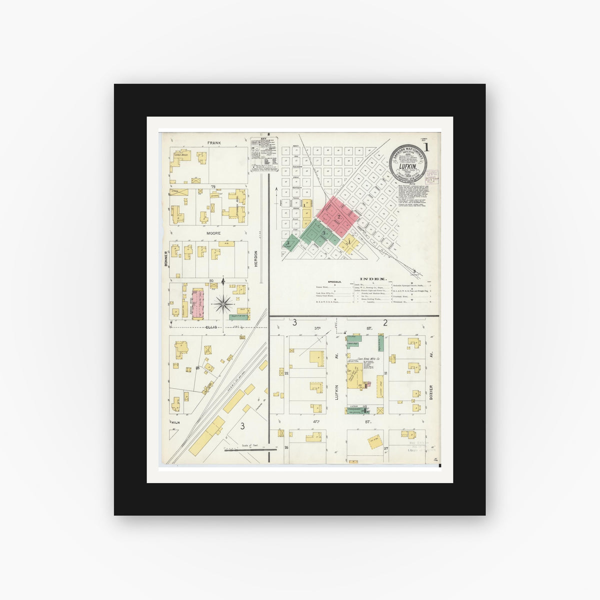 Old map wall art mockup — black gallery frame with white mat — Sanborn Fire Insurance Map from Lufkin, Angelina County, Texas (1904) - Complete Map Set