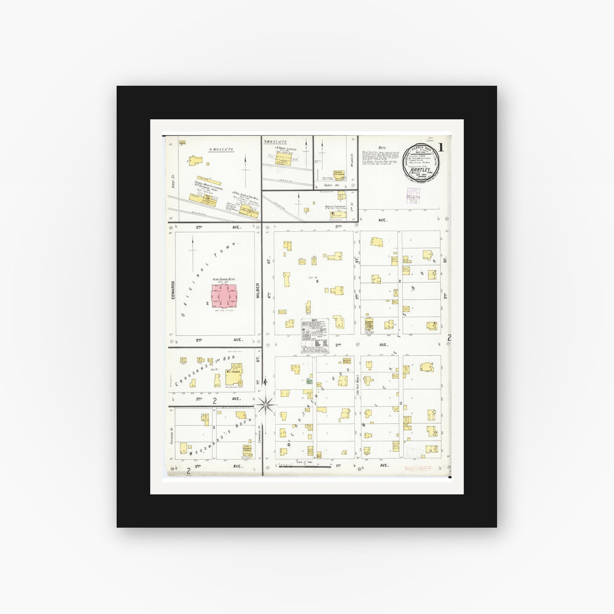 Old map wall art mockup — black gallery frame with white mat — Sanborn Fire Insurance Map from Hartley, O'Brien County, Iowa (1901), Sheet #0001