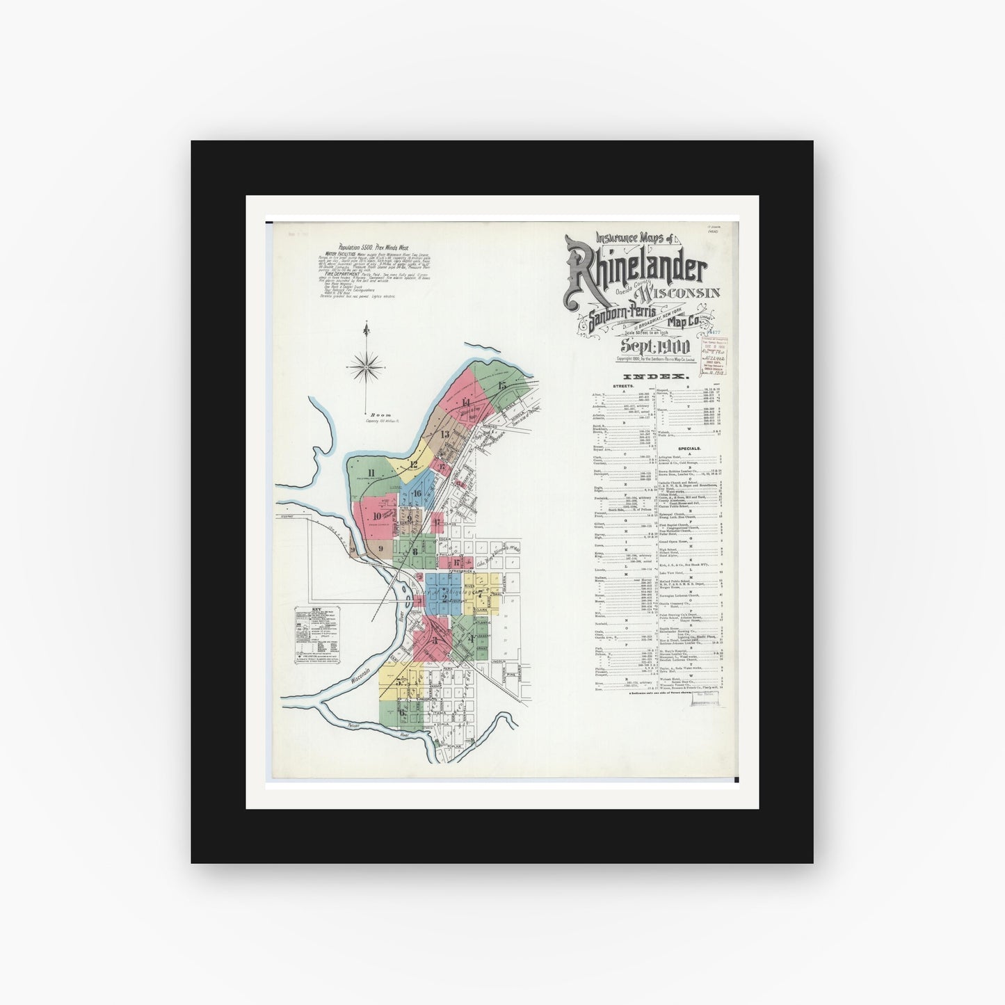 Old map wall art mockup — black gallery frame with white mat — Sanborn Fire Insurance Map from Rhinelander, Oneida County, Wisconsin (1900) - Complete Map Set