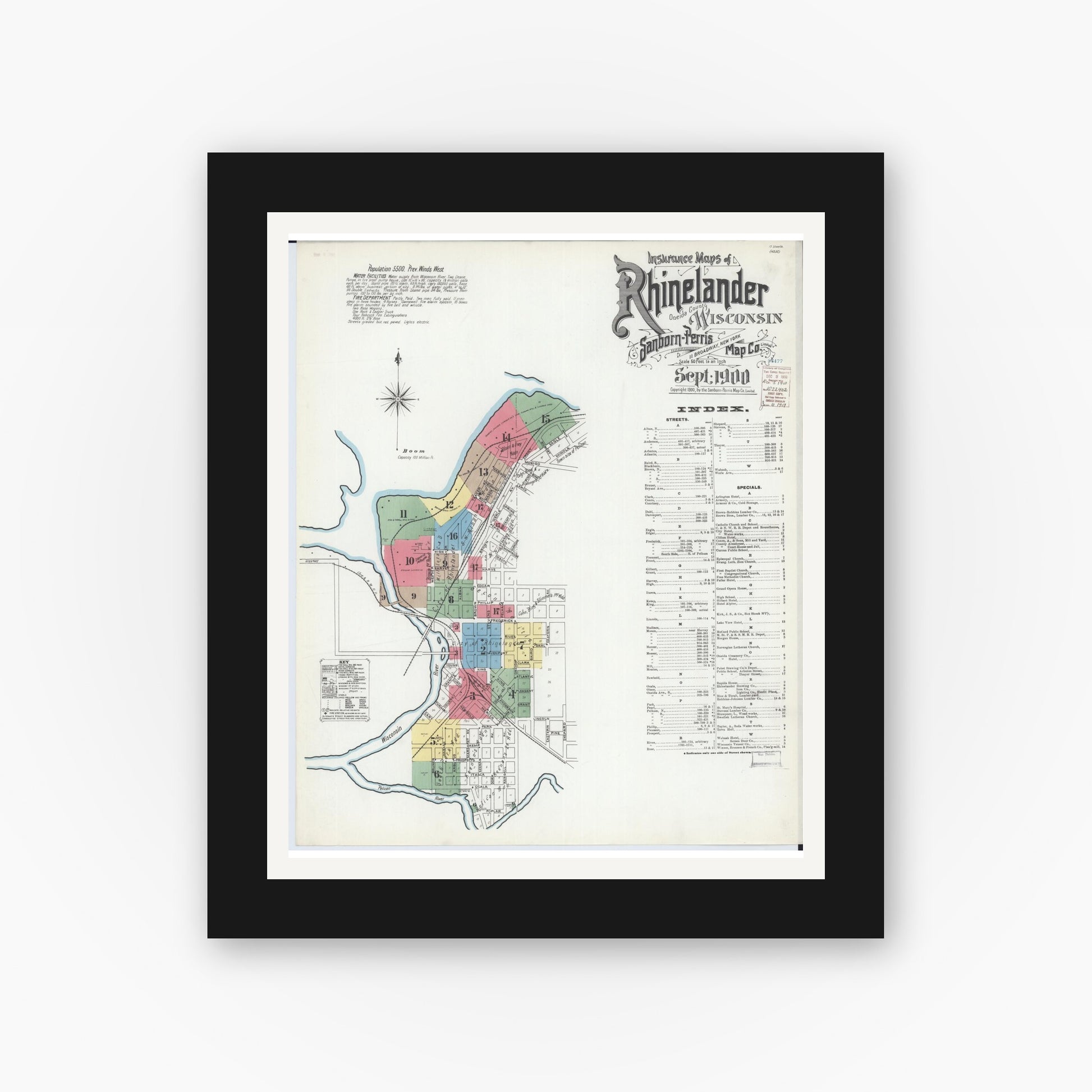 Old map wall art mockup — black gallery frame with white mat — Sanborn Fire Insurance Map from Rhinelander, Oneida County, Wisconsin (1900) - Complete Map Set