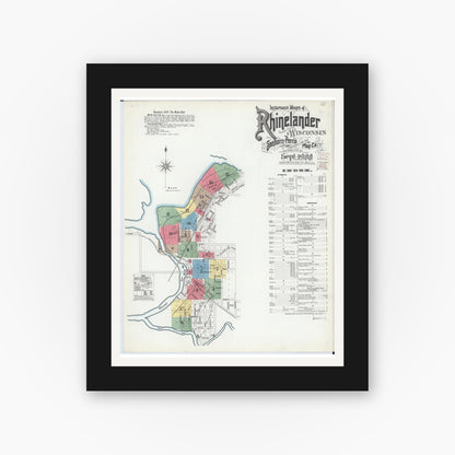 Old map wall art mockup — black gallery frame with white mat — Sanborn Fire Insurance Map from Rhinelander, Oneida County, Wisconsin (1900) - Complete Map Set