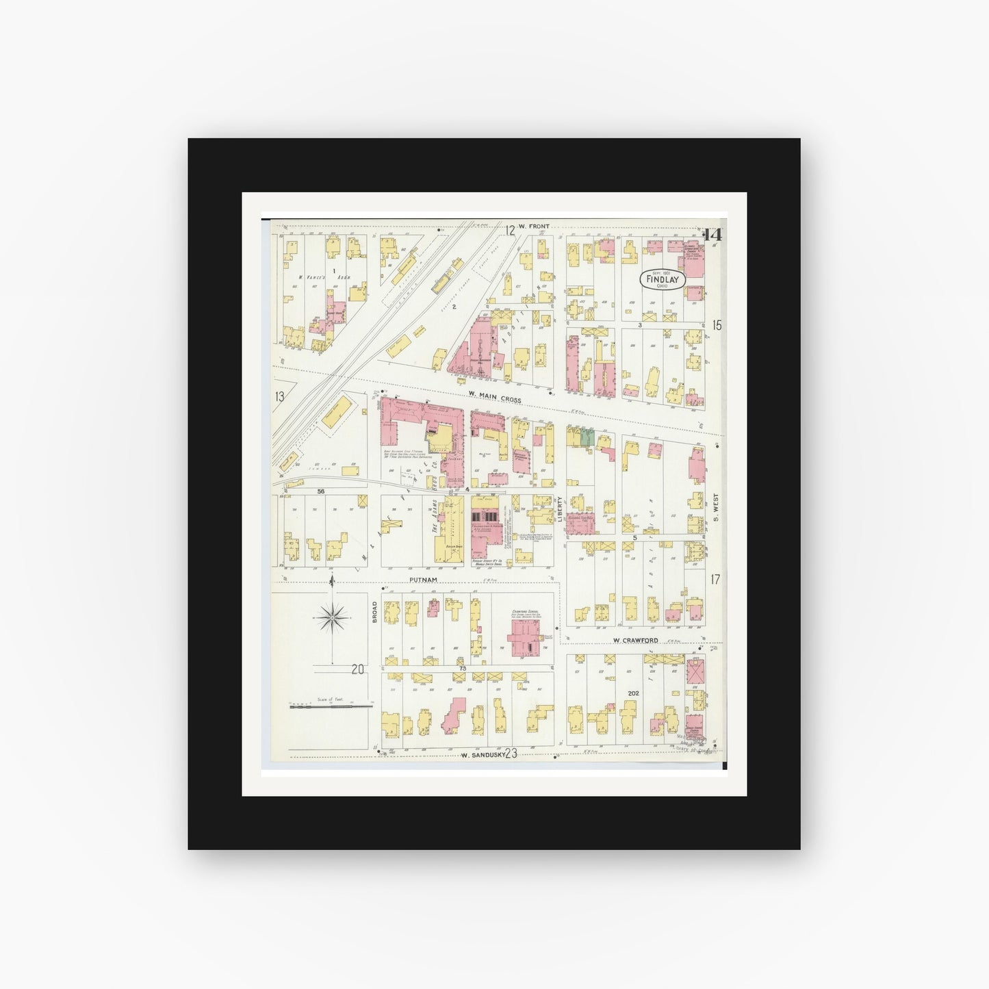 Old map wall art mockup — black gallery frame with white mat — Sanborn Fire Insurance Map from Findlay, Hancock County, Ohio (1901), Sheet #0014