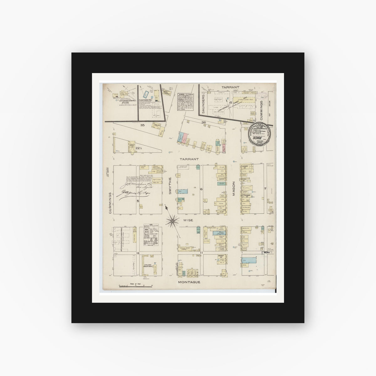 Old map wall art mockup — black gallery frame with white mat — Sanborn Fire Insurance Map from Bowie, Montague County, Texas (1885), Sheet #0001