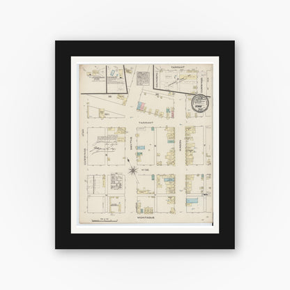 Old map wall art mockup — black gallery frame with white mat — Sanborn Fire Insurance Map from Bowie, Montague County, Texas (1885), Sheet #0001