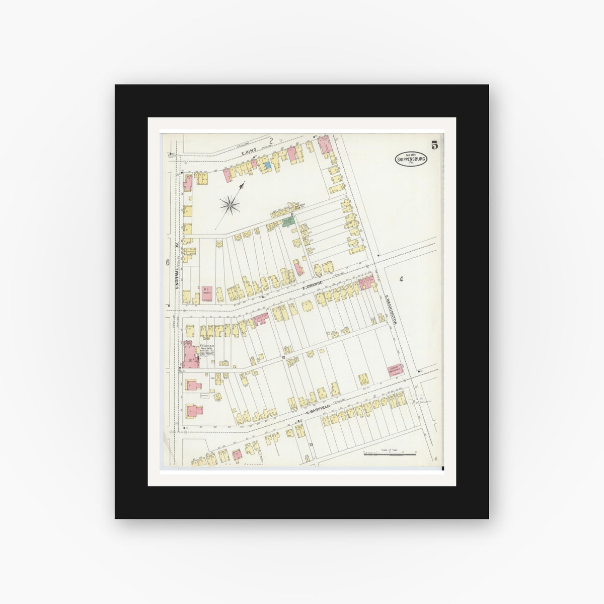Old map wall art mockup — black gallery frame with white mat — Sanborn Fire Insurance Map from Shippensburg, Cumberland And Franklin Counties, Pennsylvania (1904), Sheet #0005