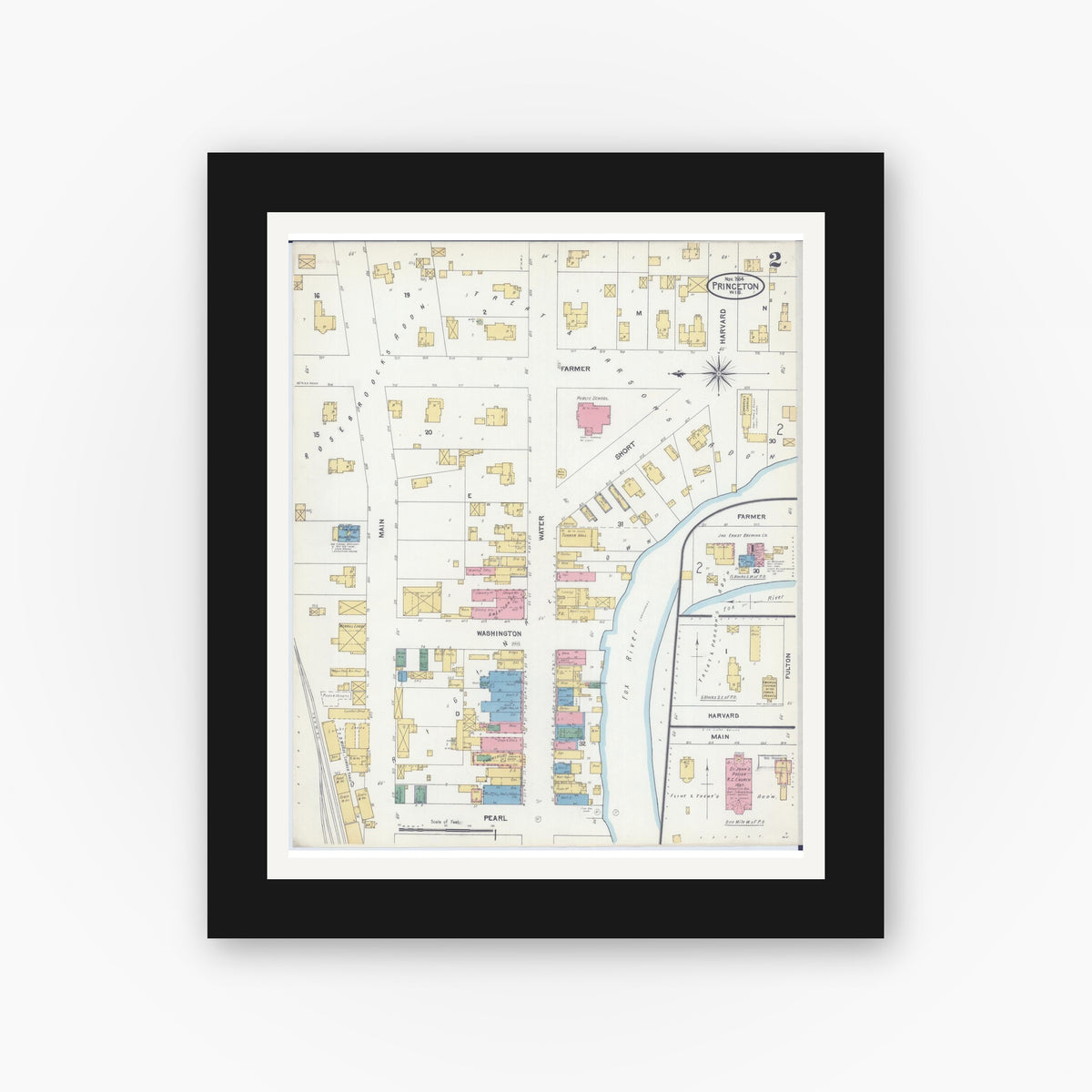 Old map wall art mockup — black gallery frame with white mat — Sanborn Fire Insurance Map from Princeton, Green Lake County, Wisconsin (1904), Sheet #0002
