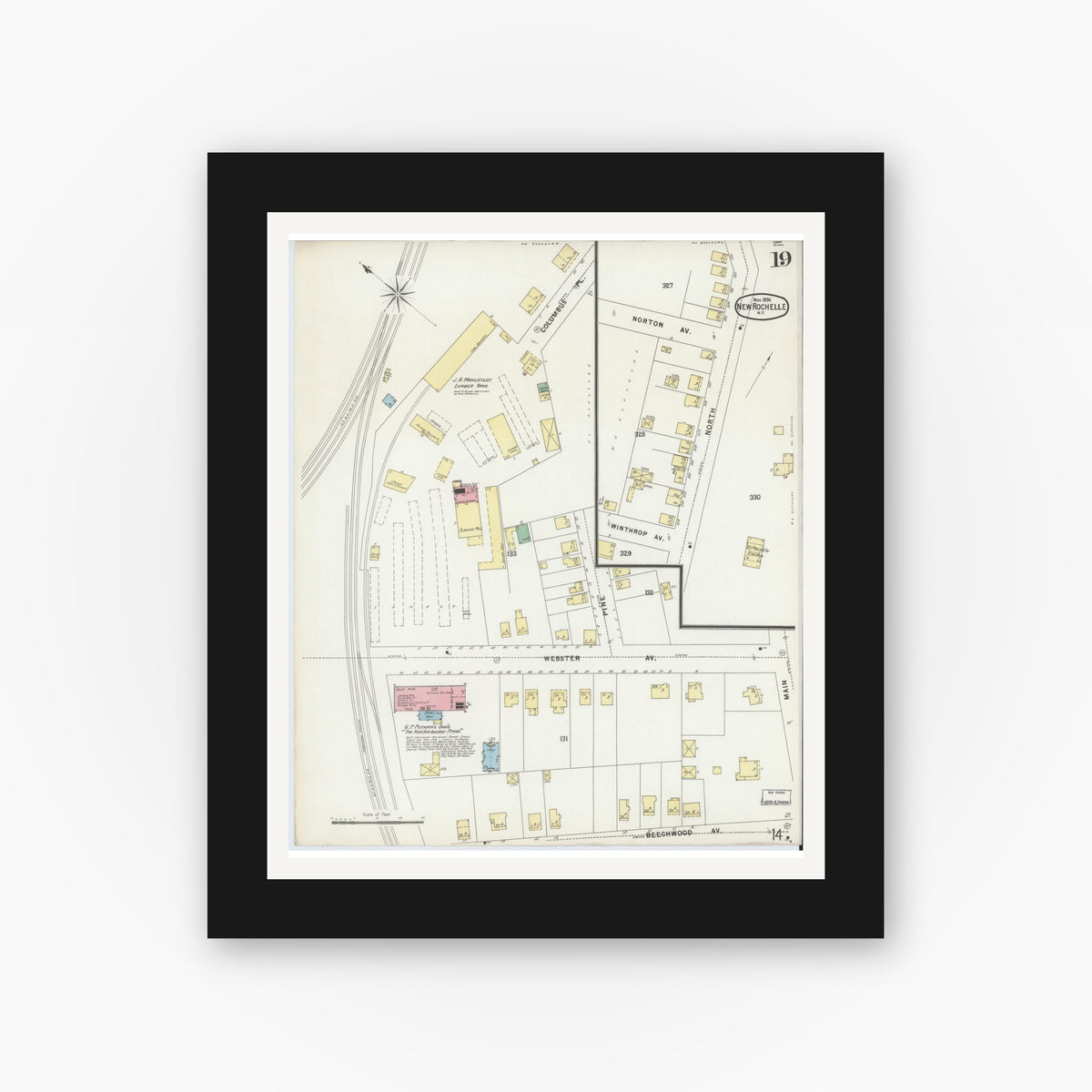 Old map wall art mockup — black gallery frame with white mat — Sanborn Fire Insurance Map from New Rochelle, Westchester County, New York (1896), Sheet #0019