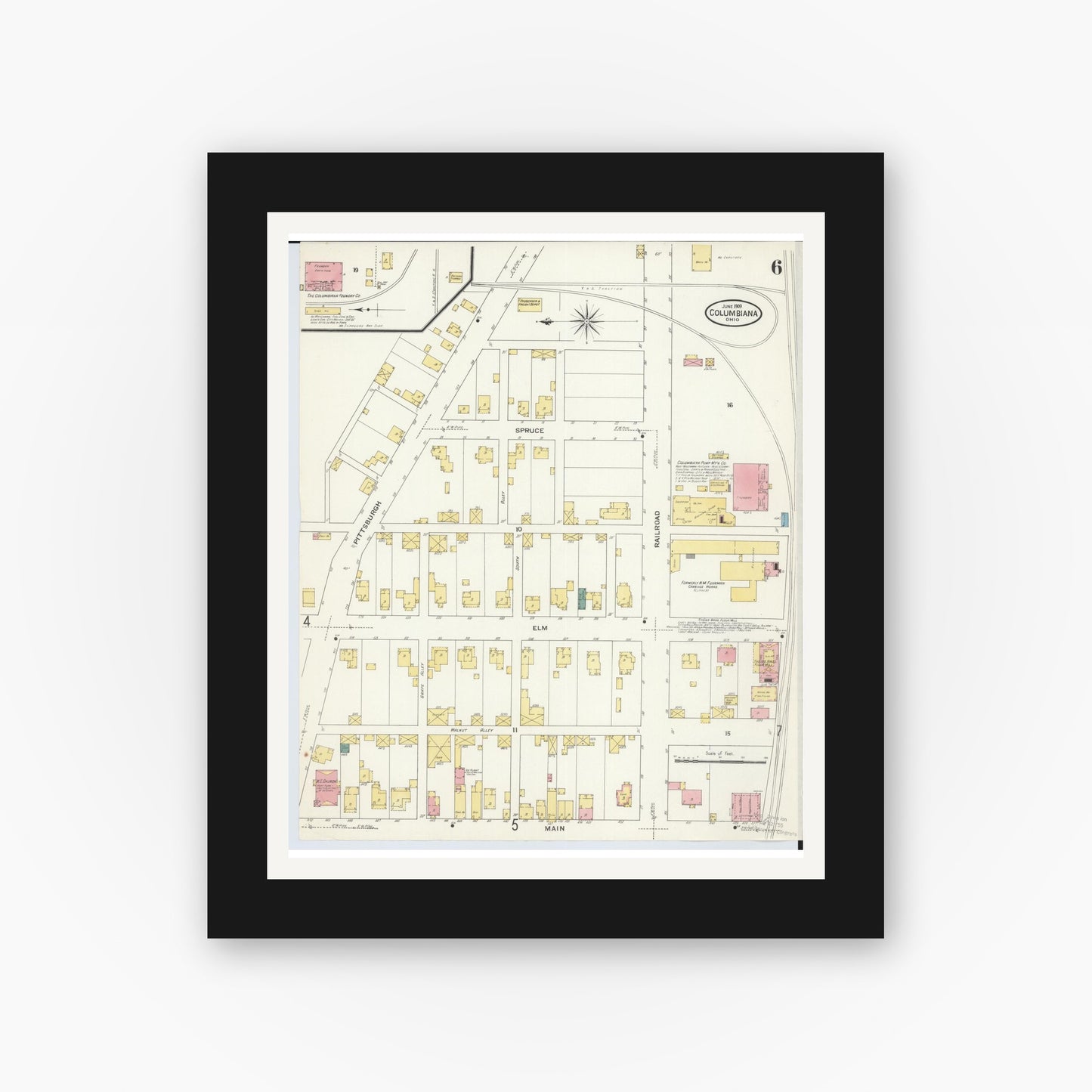 Old map wall art mockup — black gallery frame with white mat — Sanborn Fire Insurance Map from Columbiana, Columbiana County, Ohio (1909), Sheet #0006