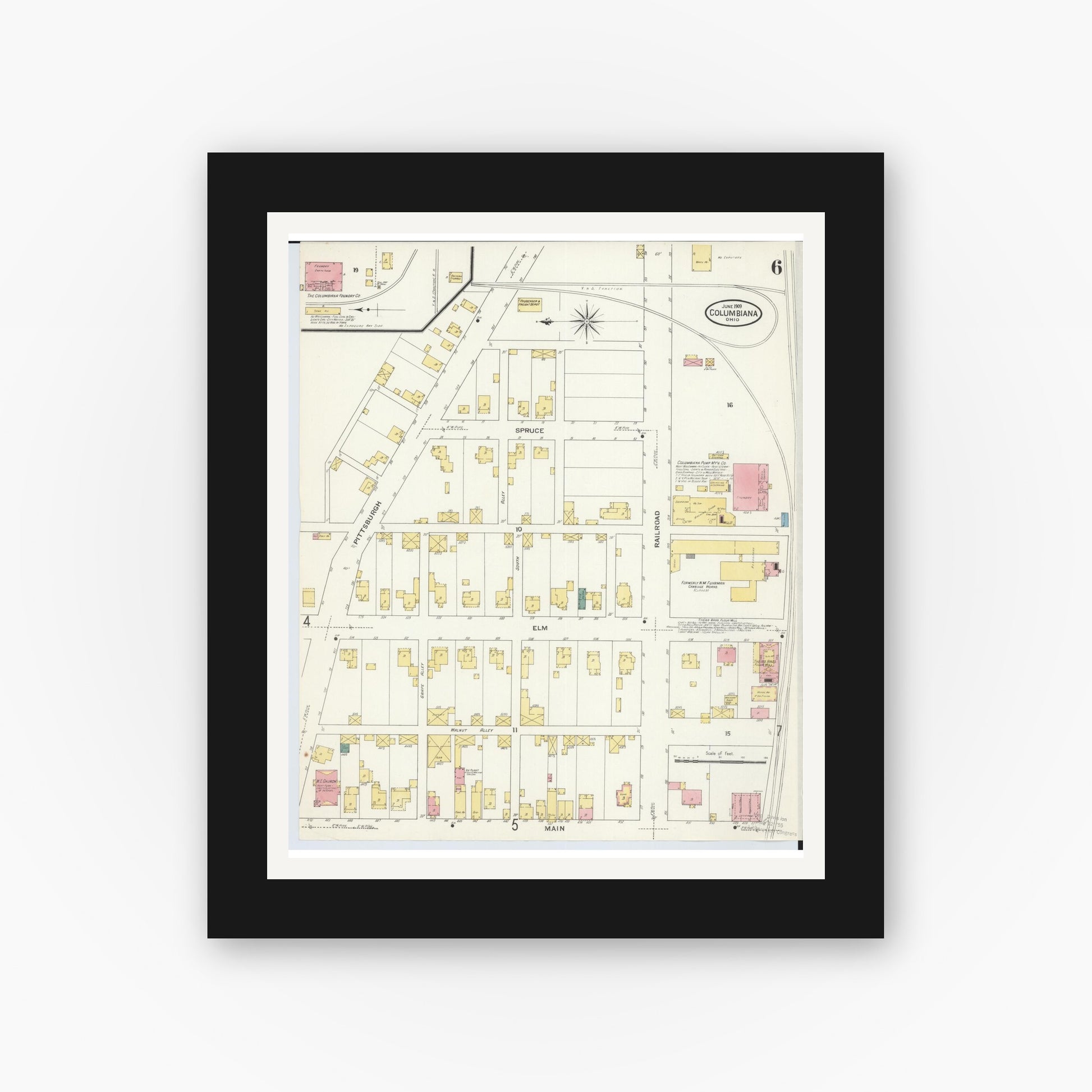 Old map wall art mockup — black gallery frame with white mat — Sanborn Fire Insurance Map from Columbiana, Columbiana County, Ohio (1909), Sheet #0006