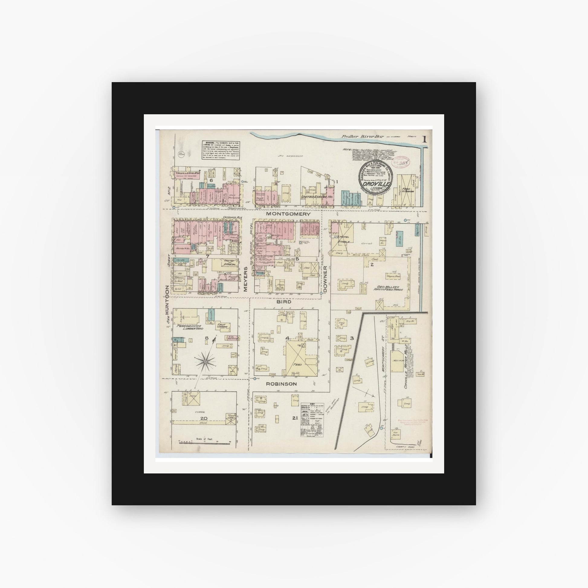 Old map wall art mockup — black gallery frame with white mat — Sanborn Fire Insurance Map from Oroville, Butte County, California (1884) - Complete Map Set