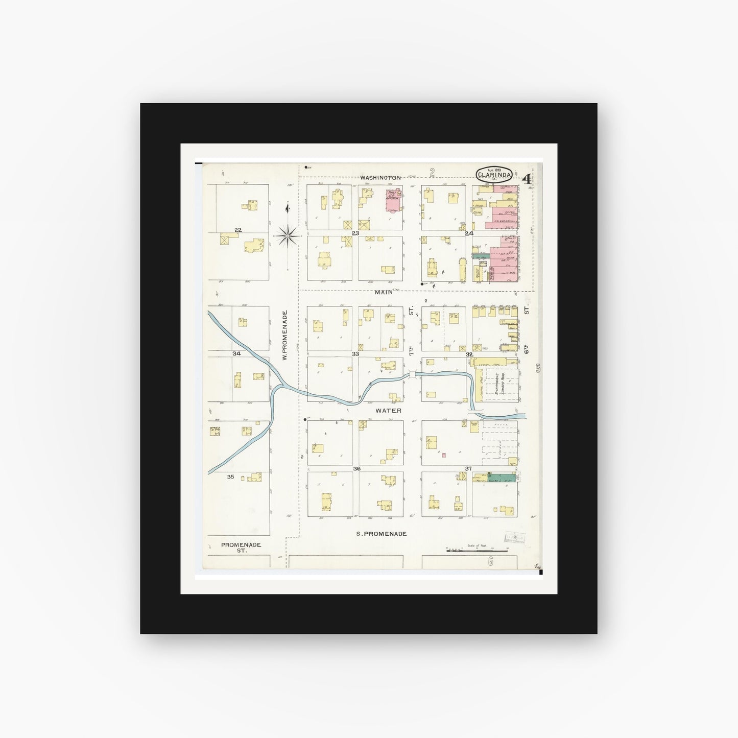 Old map wall art mockup — black gallery frame with white mat — Sanborn Fire Insurance Map from Clarinda, Page County, Iowa (1893), Sheet #0004
