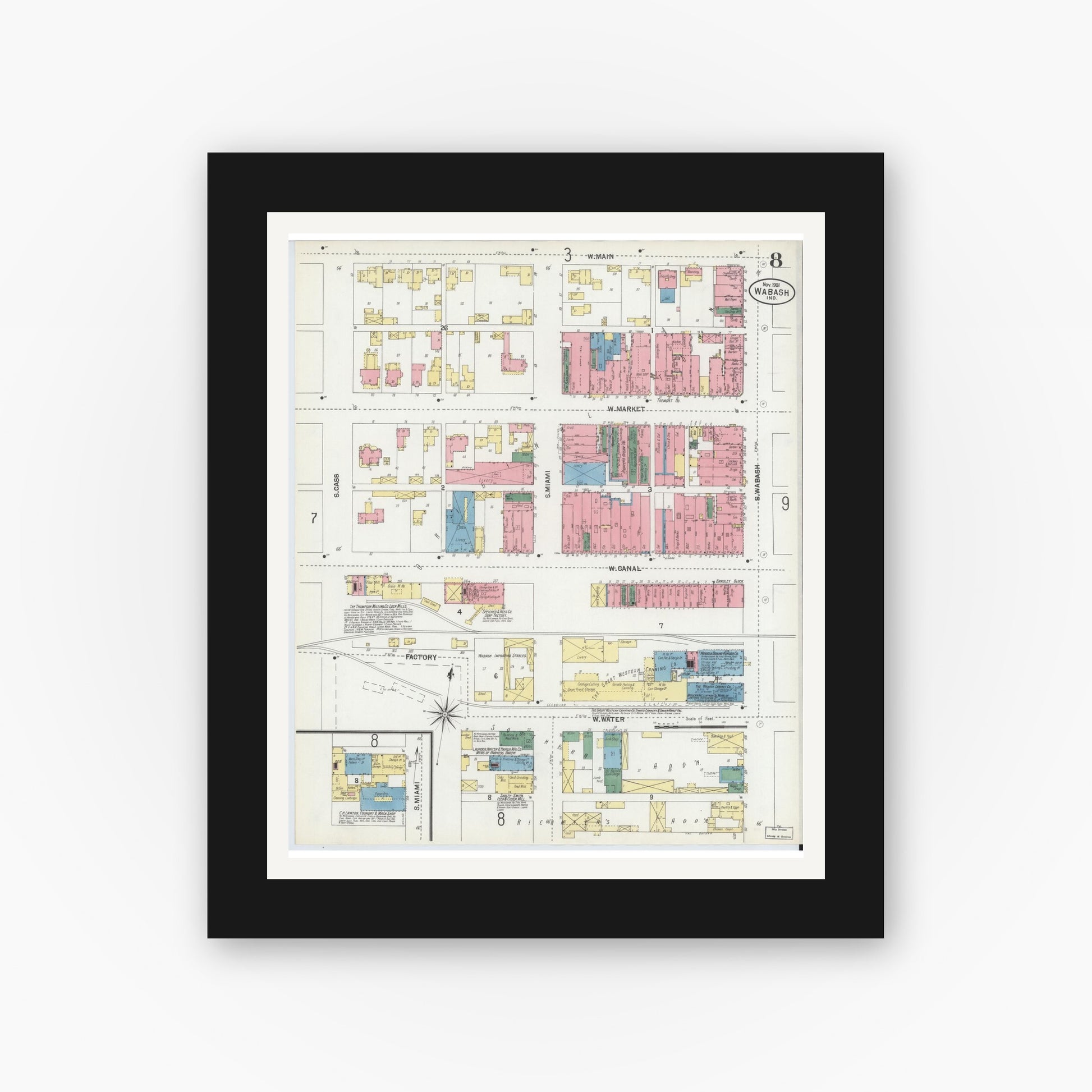 Old map wall art mockup — black gallery frame with white mat — Sanborn Fire Insurance Map from Wabash, Wabash County, Indiana (1901), Sheet #0008