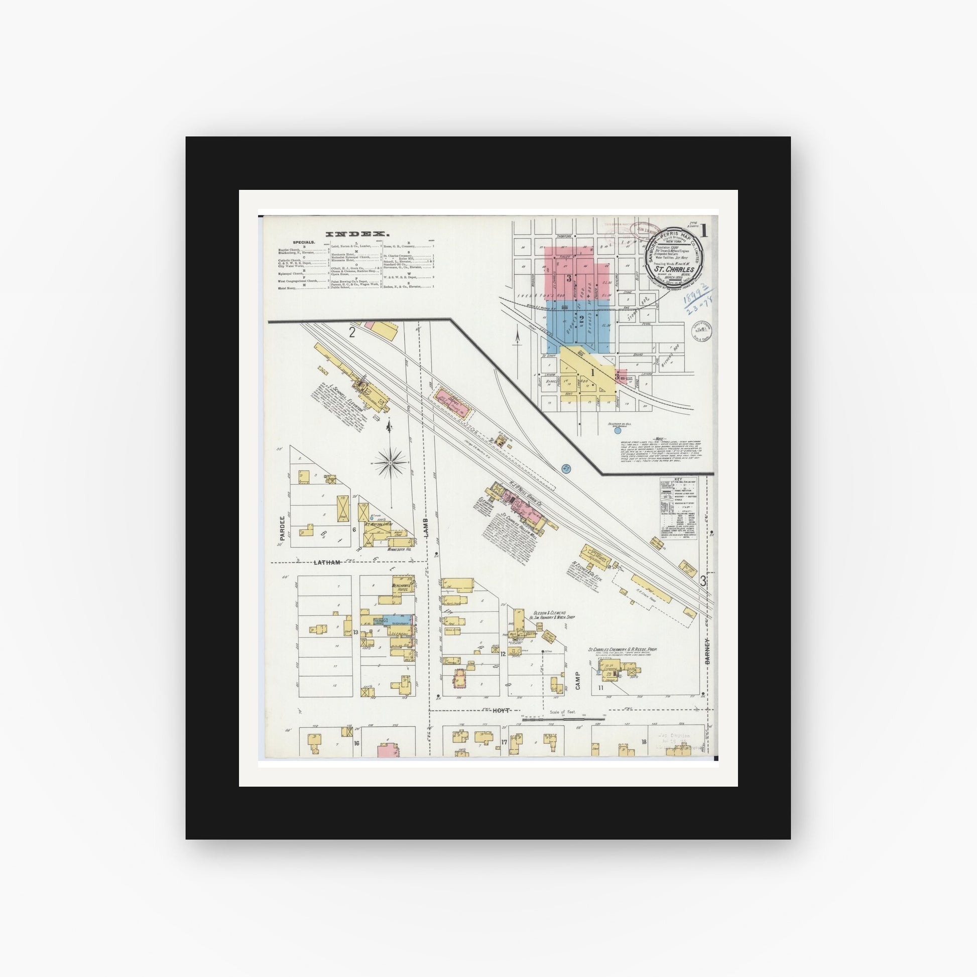 Old map wall art mockup — black gallery frame with white mat — Sanborn Fire Insurance Map from Saint Charles, Winona County, Minnesota (1899) - Complete Map Set