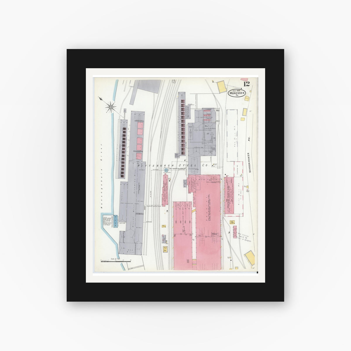 Old map wall art mockup — black gallery frame with white mat — Sanborn Fire Insurance Map from Monessen, Westmoreland County, Pennsylvania (1908), Sheet #0012