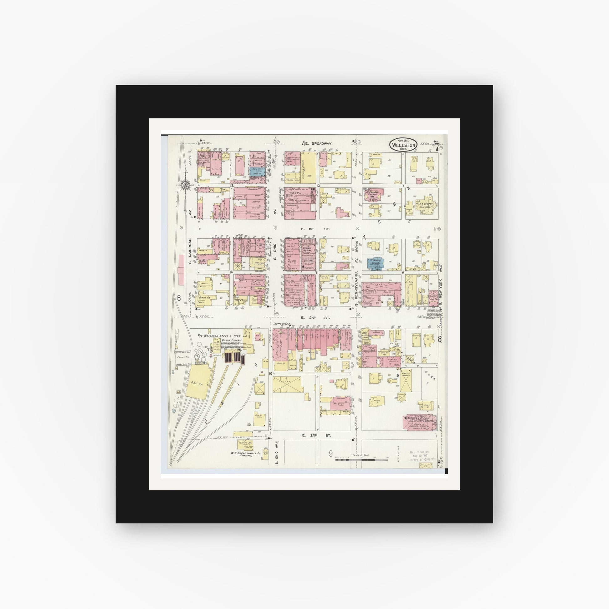 Old map wall art mockup — black gallery frame with white mat — Sanborn Fire Insurance Map from Wellston, Jackson County, Ohio (1911), Sheet #0007